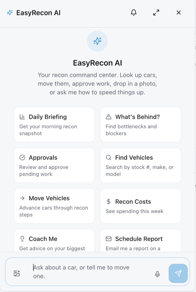 The EasyRecon AI assistant on a phone, with one-tap actions like Daily Briefing, What's Behind, Approvals, and Find Vehicles, and a box to ask about a car or tell it to move one.