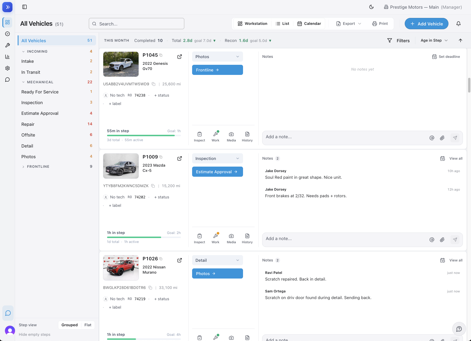 EasyRecon dashboard — every vehicle in recon by step, with time-in-step goals, next-step actions, and notes
