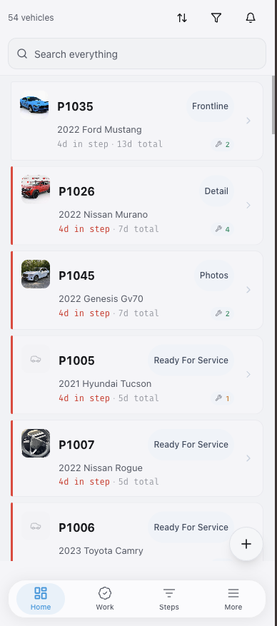 EasyRecon on a phone — live recon board with every vehicle, its step, and how long it's been there
